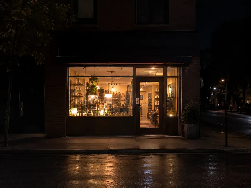 A shop front photographed at night