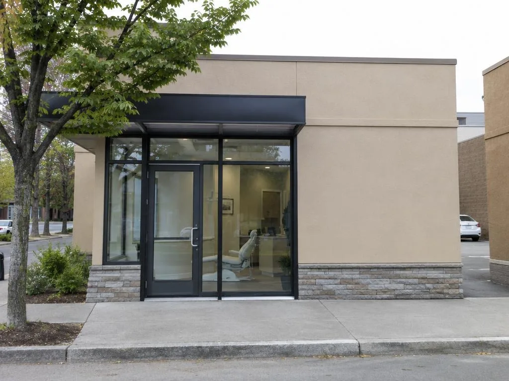 A dental clinic with a blank panel above the entrance