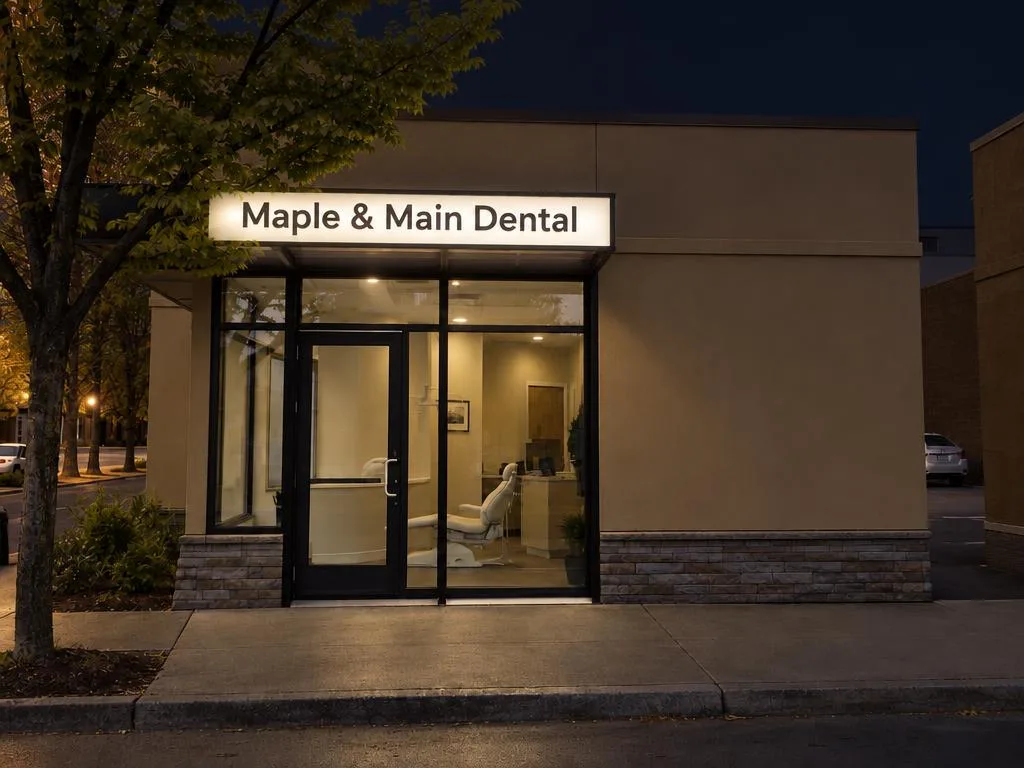 Visão noturna: A mesma clínica com um backlight acima da entrada escrito Maple & Main Dental