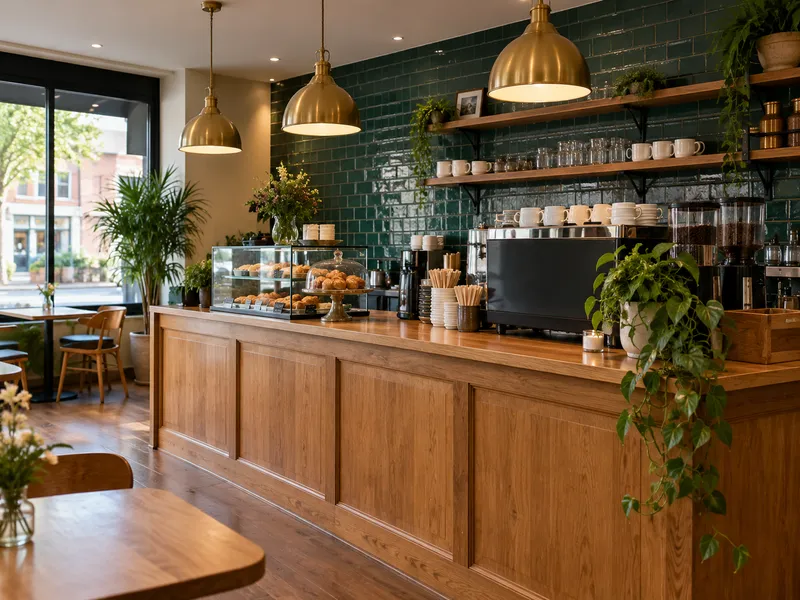 A reference photo: a café interior with an oak counter, brass lamps and green tiles