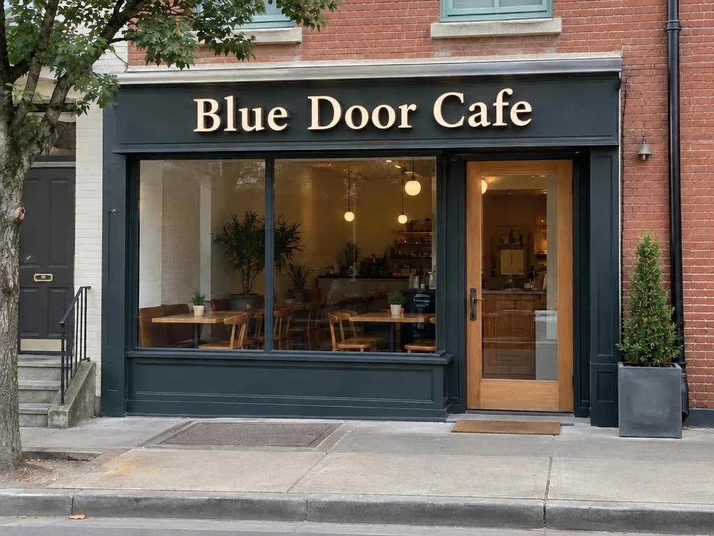 The same café with channel letters on the fascia reading Blue Door Cafe