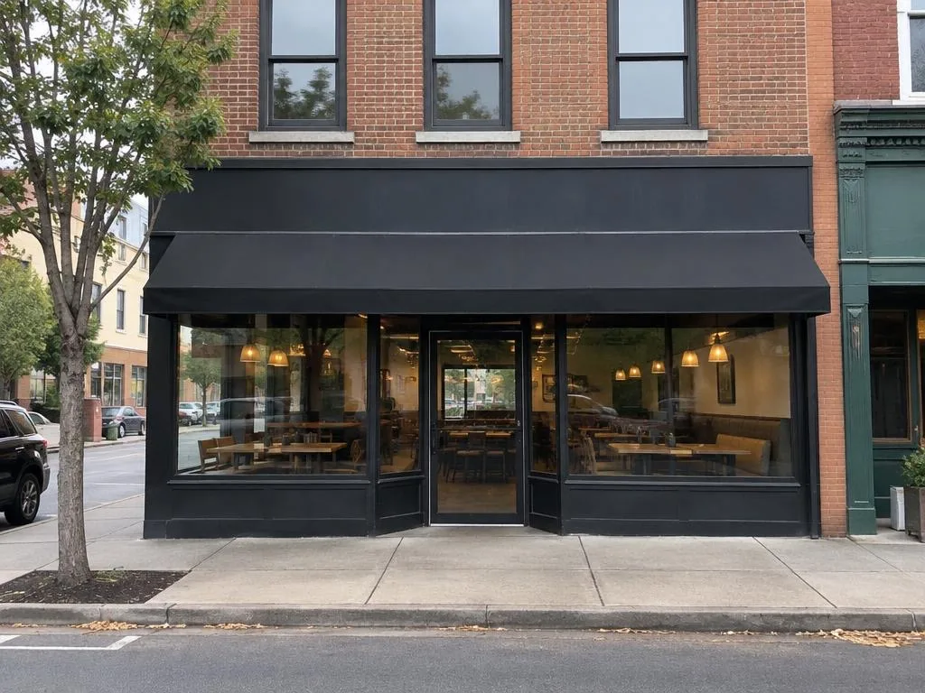 A restaurant front under a black awning with clear windows
