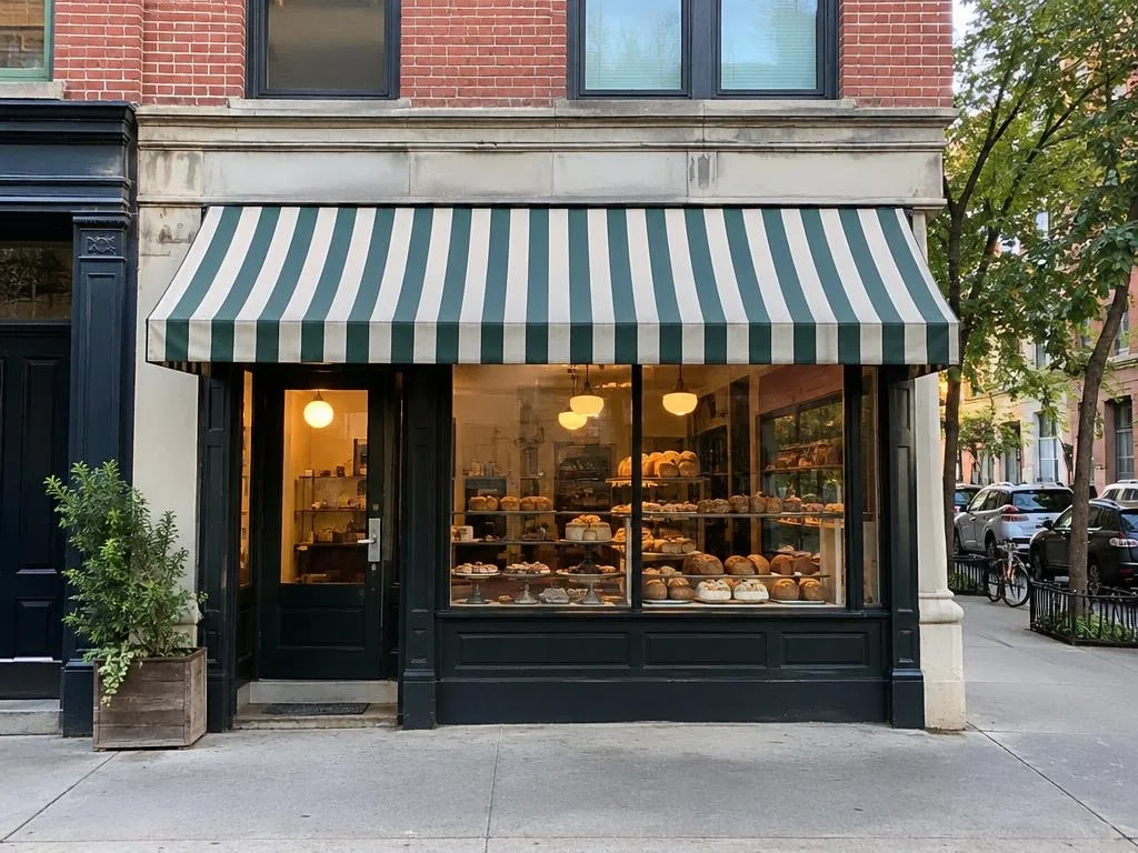 A patisserie with a striped awning and a clear shop window